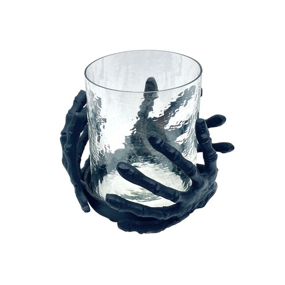 Black Metal Skeleton Hands Around Glass Candle Holder Gothic Halloween Spooky - Picture 4 of 7